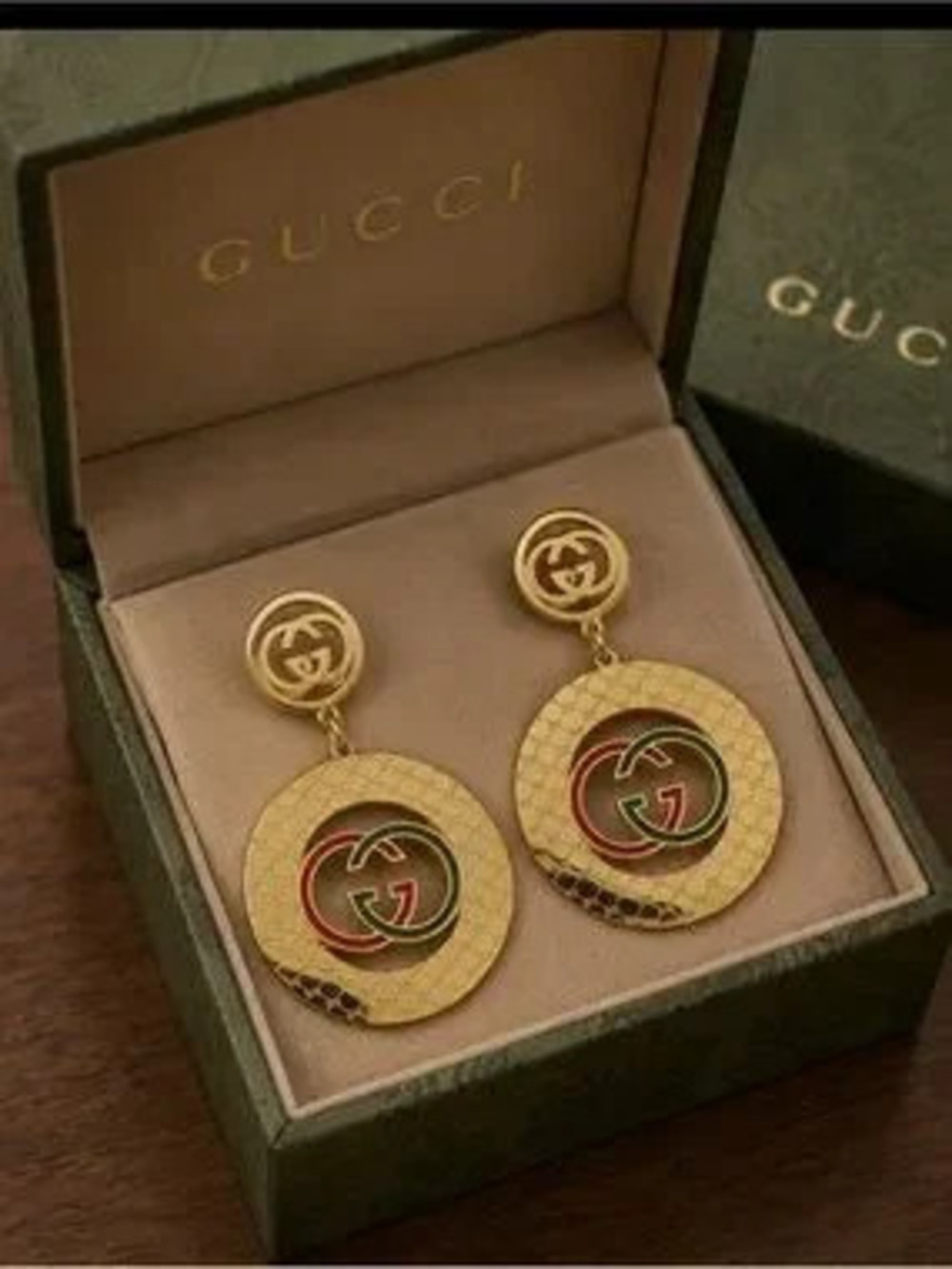 Gold-Tone Interlocking G Drop Earrings with Red & Green Enamel